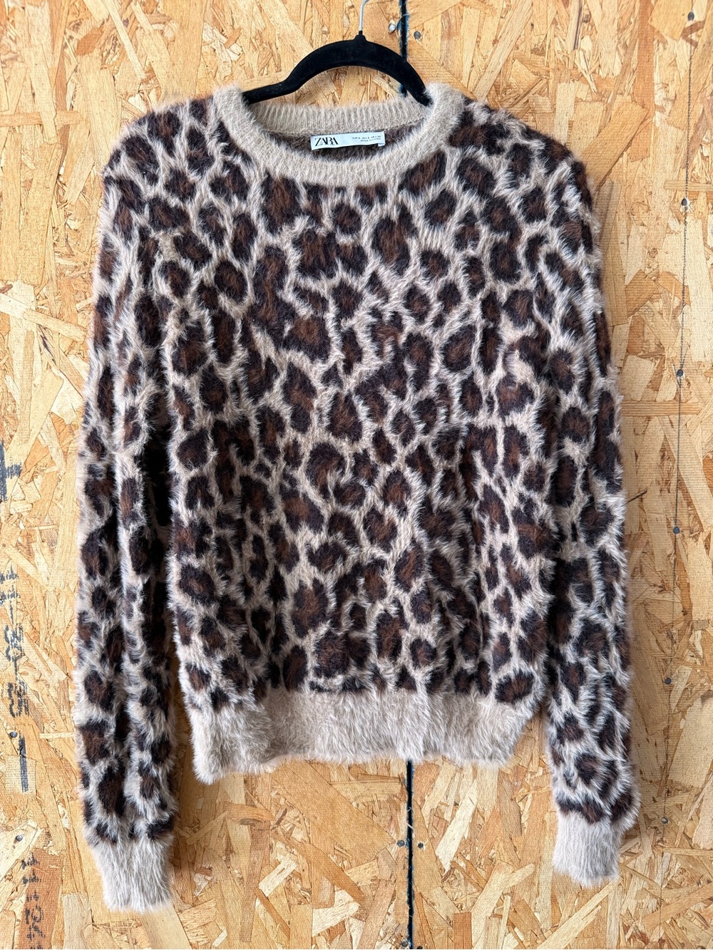 ZARA Beige and Brown Leopard-Print Fuzzy Crewneck Sweater